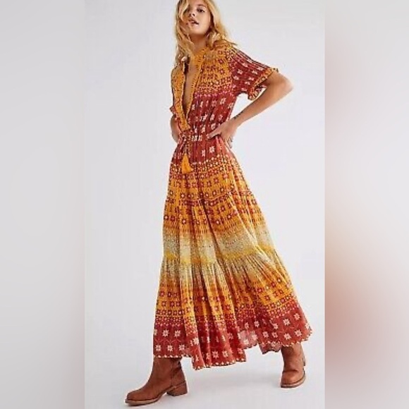 Free People Rare Feeling Dress in Goldenrod Combo Maxi Medium - Picture 2 of 10